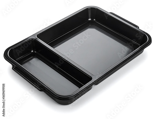 Black plastic food tray with two compartments