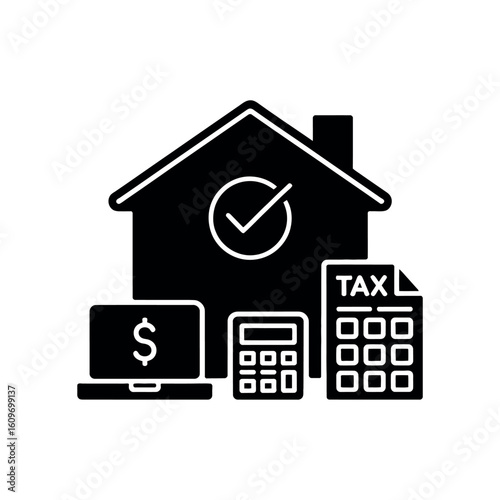 Black house icon with calculator laptop and tax document home finance