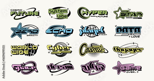 Retro-futuristic Y2K vector text logos with space, cyber, and gaming themes. Perfect for techwear, streetwear, apparel prints, covers, and digital branding.