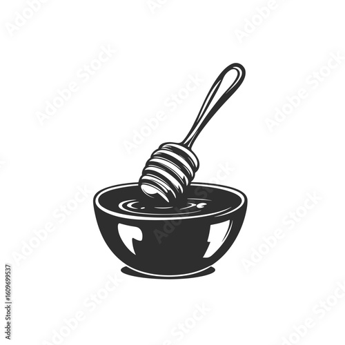 Black and white illustration of a bowl with honey and a ladle on a transparent background