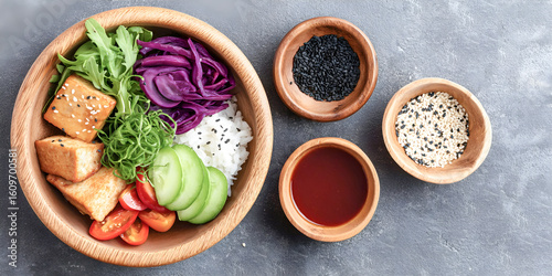 Wallpaper Mural Colorful vegetarian bowl featuring fresh vegetables, tofu, rice, and various toppings arranged in a wooden bowl, showcasing healthy eating and vibrant culinary presentation Torontodigital.ca