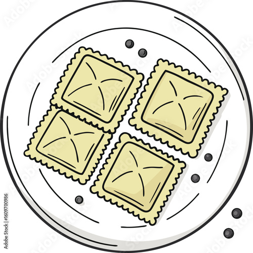Vector art of four square ravioli pasta dishes with black pepper on a white plate