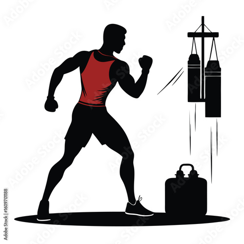 Silhouette illustration of an athlete training and punching a hanging heavy bag with a gym setting