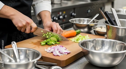 Chef expertly chopping fresh vegetables on wooden cutting board