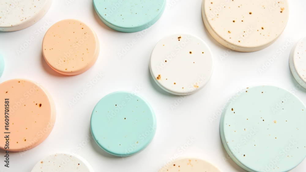 Fototapeta premium Pastel circular coasters on a white surface creating a simple pattern