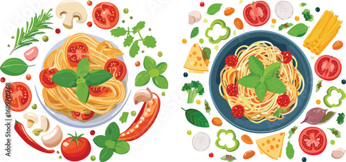 Two illustrated plates of pasta, fettuccine and spaghetti, surrounded by fresh ingredients like tomatoes, basil, and cheese in a circular flat lay composition.
