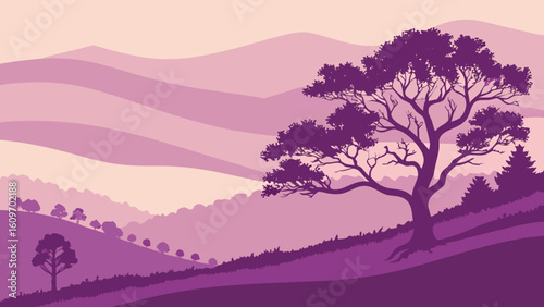 A solitary tree casts a shadow on a purple hillside under a soft sky