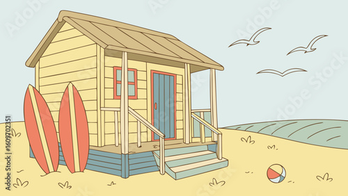 A simple beach hut with surfboards and a ball on a sunny day