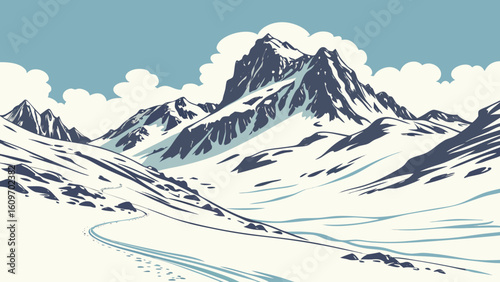 Majestic snowcapped mountains under a clear blue sky with fluffy clouds