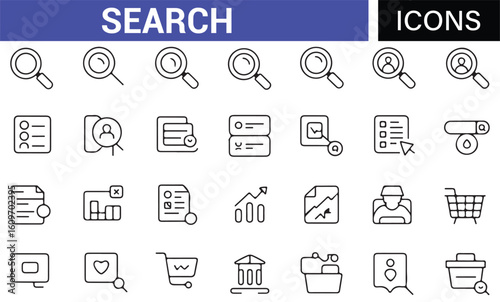Set of Digital Search Icons for File, Document, and Data Search