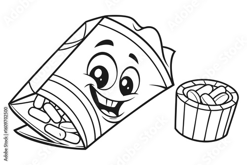 Coloring Pages, cartoon cheese puff snack with smiley face, colorless, uncolored, black and white for coloring book, coloring page, kids