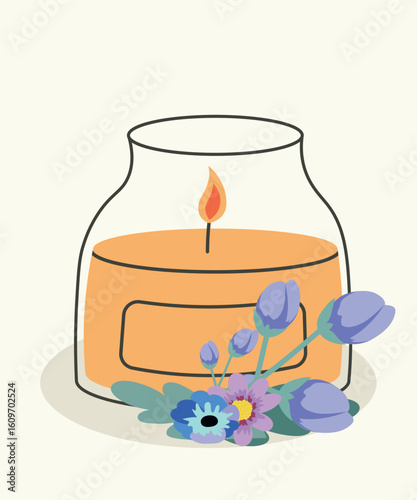 Flat Design Illustration with Candle at Sand,Flowers
