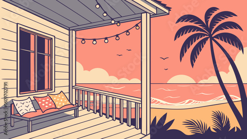 A cozy beach porch with string lights overlooks the ocean at sunset