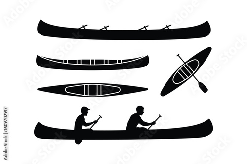 Black canoe silhouettes with paddlers and paddles kayak boat