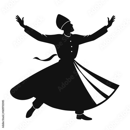 Silhouette of a dervish whirling in a traditional sufi dance black and white vector illustration