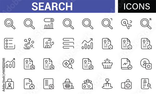 Icon Set Representing Search Tools for Documents, Files, and Research