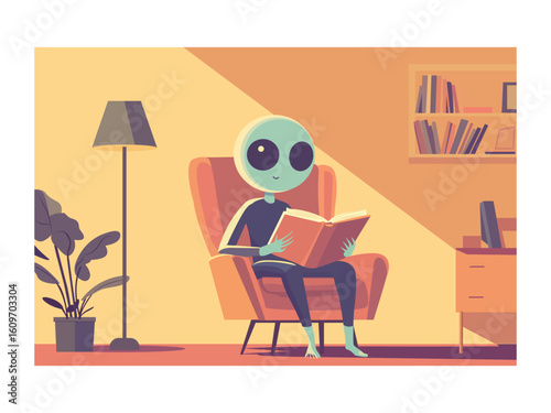 alien relaxing at home living room couch digital art clipart wallpaper background