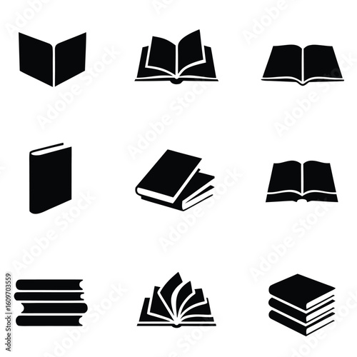 Various Black Book Icons Open Closed Stacked books open book