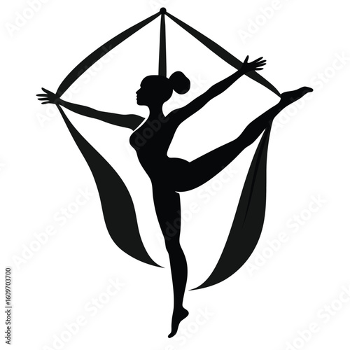 Silhouette of a female aerialist performing artistic movements with fabric silks on white background