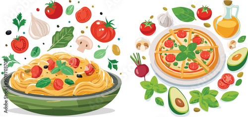 An illustration of Italian pasta and pizza surrounded by fresh ingredients like tomatoes, basil, and garlic.