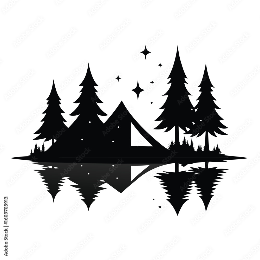 Obraz premium Silhouette of a forest scene depicting tent reflections and stars in a nighttime nature landscape.