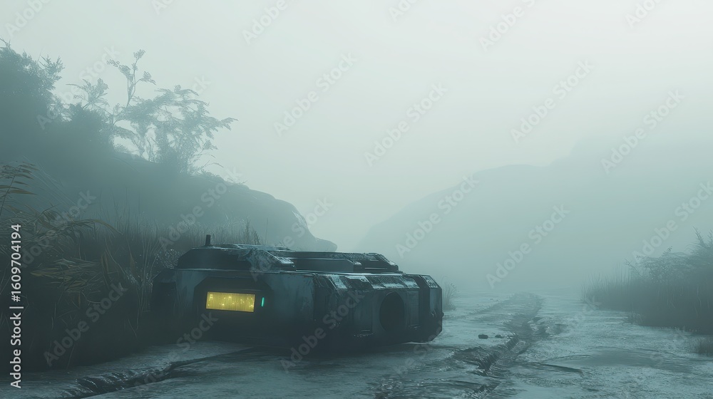 Fototapeta premium Futuristic Vehicle Abandoned in Foggy Landscape with Greenery