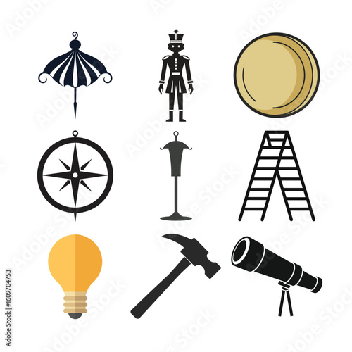 Umbrella soldier coin compass mannequin ladder lightbulb hammer telescope vector