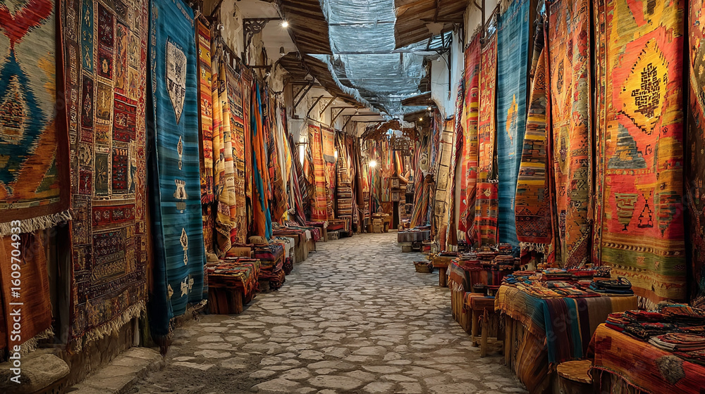 Naklejka premium A traditional market with handwoven tapestries