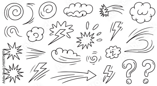 Line movement emotion effect element, cartoon emotion effect decoration icon. Hand drawn effect manga doodle line element arrow, emphasis, shock, sparkle. Expression sign anime line movement vector