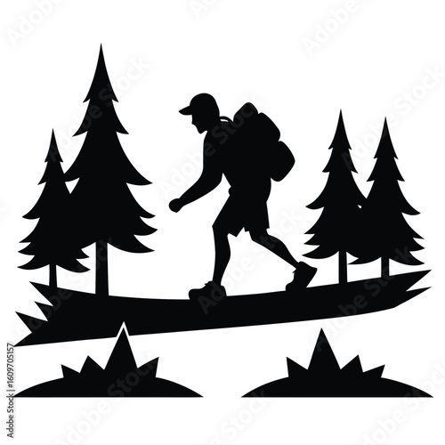 Silhouette of a hiker with backpack trekking through forest nature landscape black and white graphic design