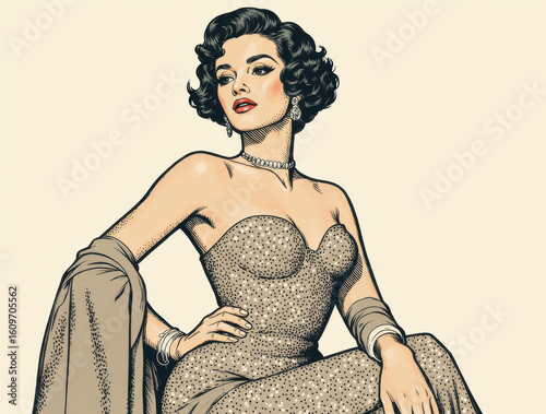 Vintage Hollywood glamour shot featuring a female model in a sequined gown, posed dramatically with old-school lighting
