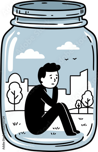 A metaphor for self-isolation. A person in a glass jar observes life from the outside, but cannot leave, symbolizing detachment, loneliness, and missed opportunities.