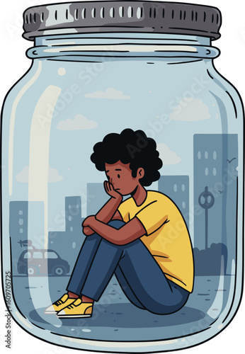 A metaphor for self-isolation. A person in a glass jar observes life from the outside, but cannot leave, symbolizing detachment, loneliness, and missed opportunities.
