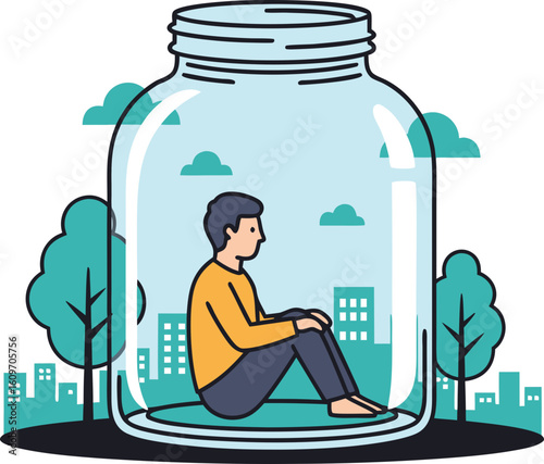 A metaphor for self-isolation. A person in a glass jar observes life from the outside, but cannot leave, symbolizing detachment, loneliness, and missed opportunities.