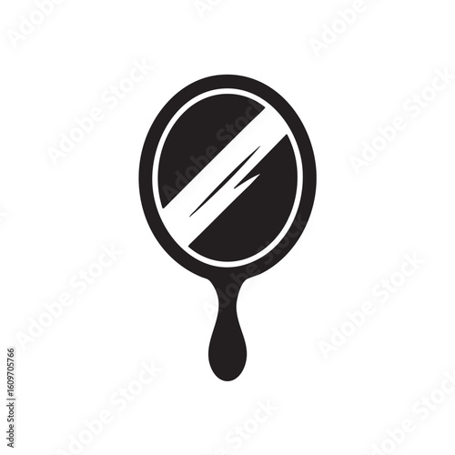 Black hand mirror with reflective surface and handle reflection white