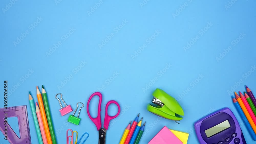 Colorful school supplies bottom border. Top view stop motion video over a blue background. Back to school concept.