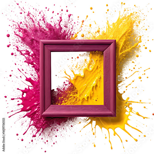 Empty picture frame surrounded by vibrant pink and yellow paint splashes