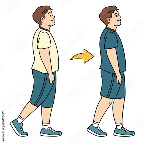 Before and After Weight Loss Illustration Man Walking Healthy Lifestyle Transformation