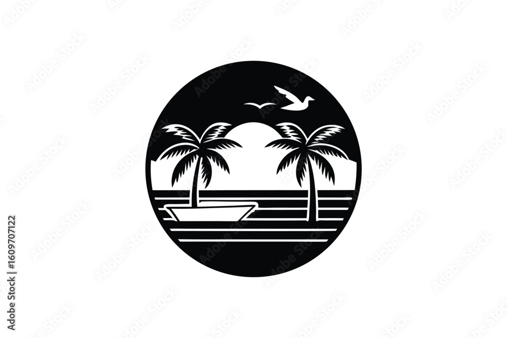 Obraz premium Sunset Scene with Palm Tree Pelican and Pier