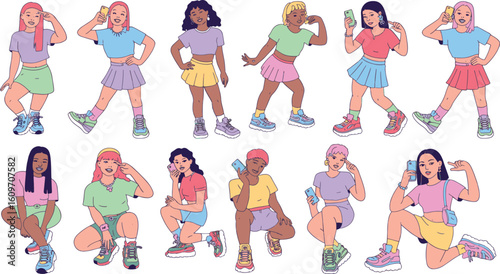 "Y2K Fashion Girls Vector Pack – Pastel Aesthetic, Crop Tops, Mini Skirts & Flip Phones"