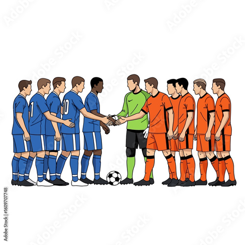 Two soccer teams shake hands before a match, displaying sportsmanship and camaraderie.