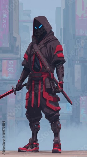 Futuristic warrior stands in neon city