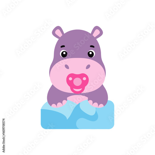 Cute cartoon hippo with pacifier sitting on a blue platform.