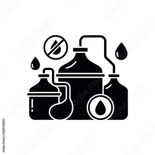 Black icon of distillation apparatus with dripping liquid and no water symbol laboratory science
