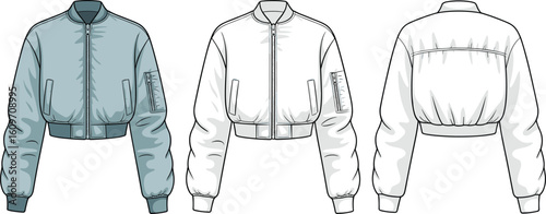 Bomber jacket front and back view, zipper closure, ribbed cuffs waistband, sleeve pocket, stylish outerwear design, fashion sketch, template