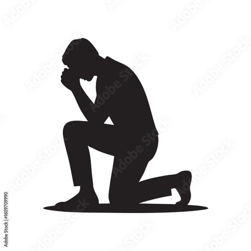 Black silhouette of a man kneeling with hands clasped in prayer vector