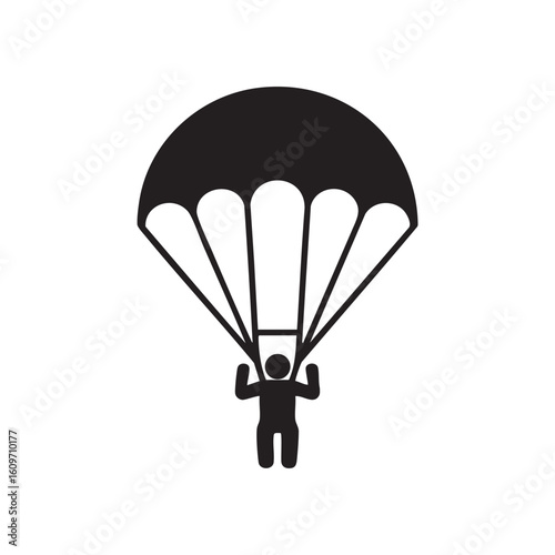 Black silhouette of a person descending with a parachute skydiving descent