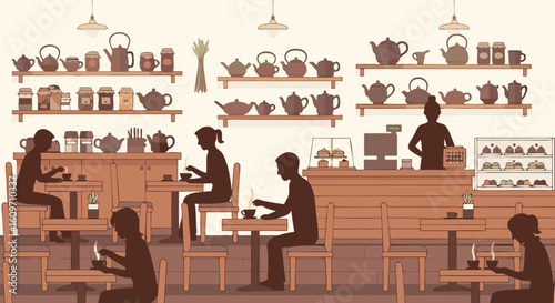 Vector SVG Illustration of Coffee Shop Scene with Silhouettes in Modern Flat Style with Earth Tones