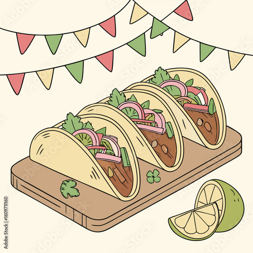 Three delicious small soft corn tacos generously filled with seasoned carnitas presented as a vibrant vector illustration for culinary or food related designs