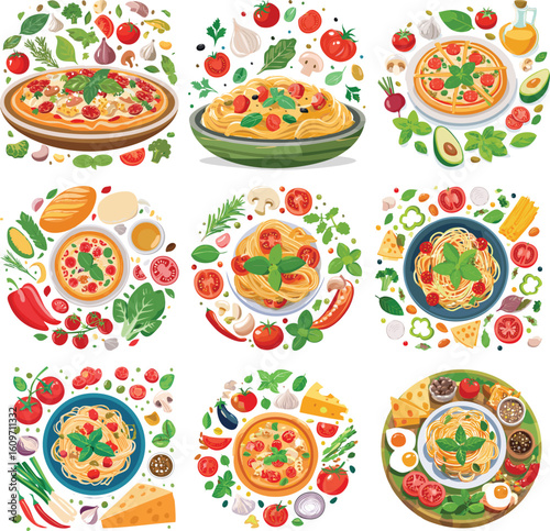 A collection of nine illustrations depicting Italian pizza and pasta dishes surrounded by fresh ingredients.